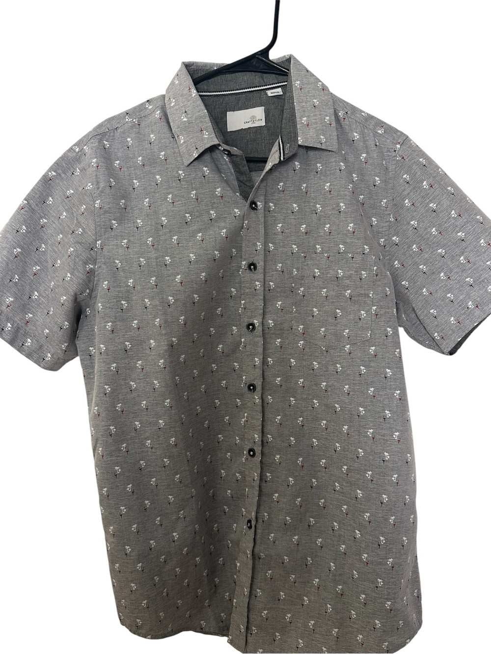 Men's Grey Short-Sleeve Button-Up Shirt with Subtle Micro Pattern